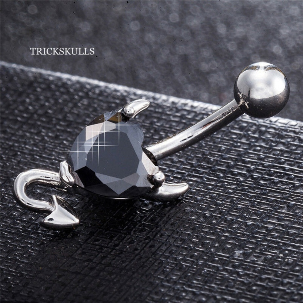 Navel Belly Button Ring Black Rhinestone Devil Horns & Tail Heart Body Jewelry